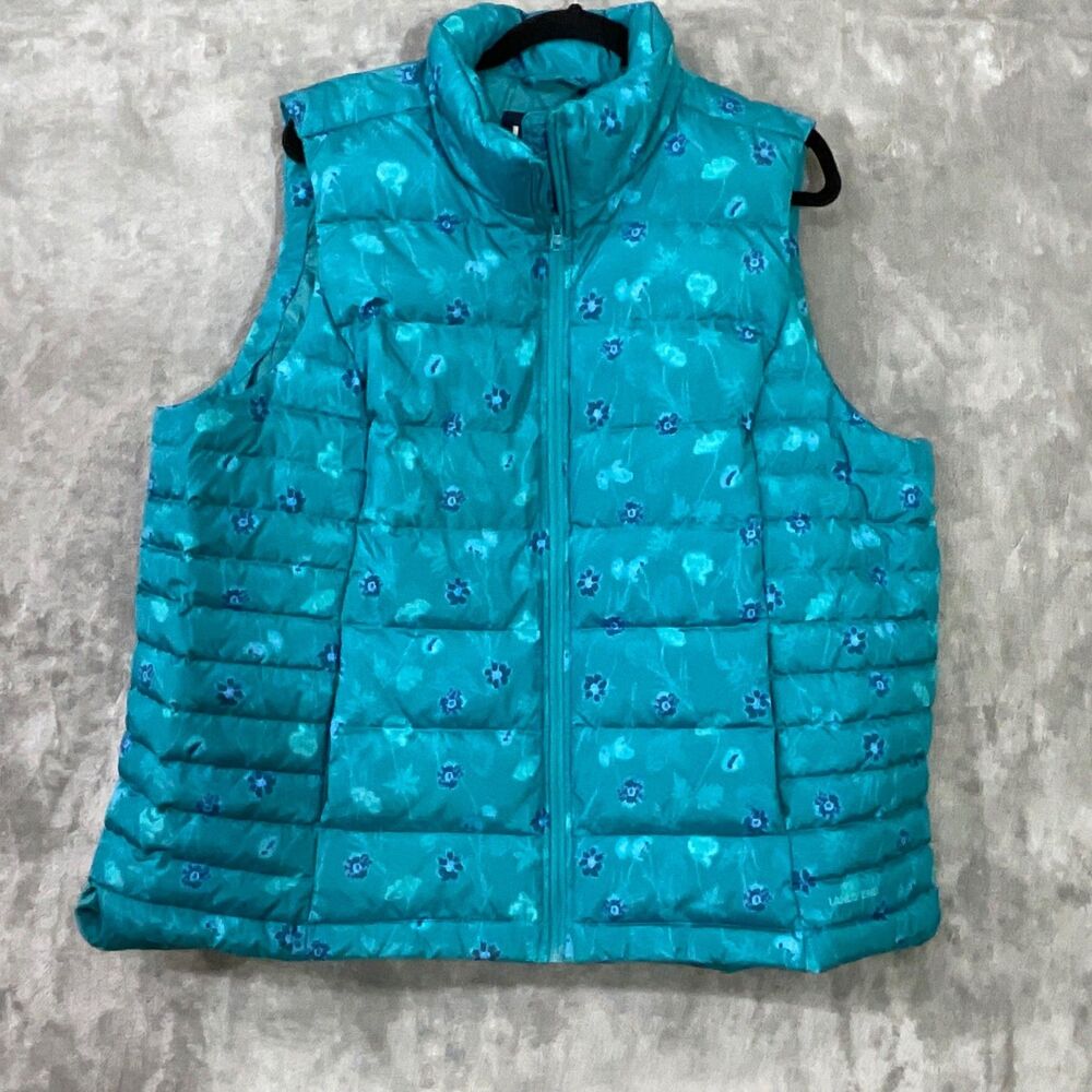 Lands' End Down Fill Puffer Jacket Vest Plus Size 1X/16-18 floral teal green